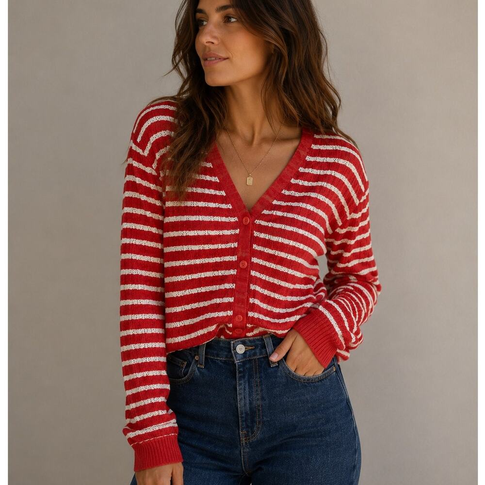 Old Navy So Soft Lite Red + White Striped Knit Cardigan Medium